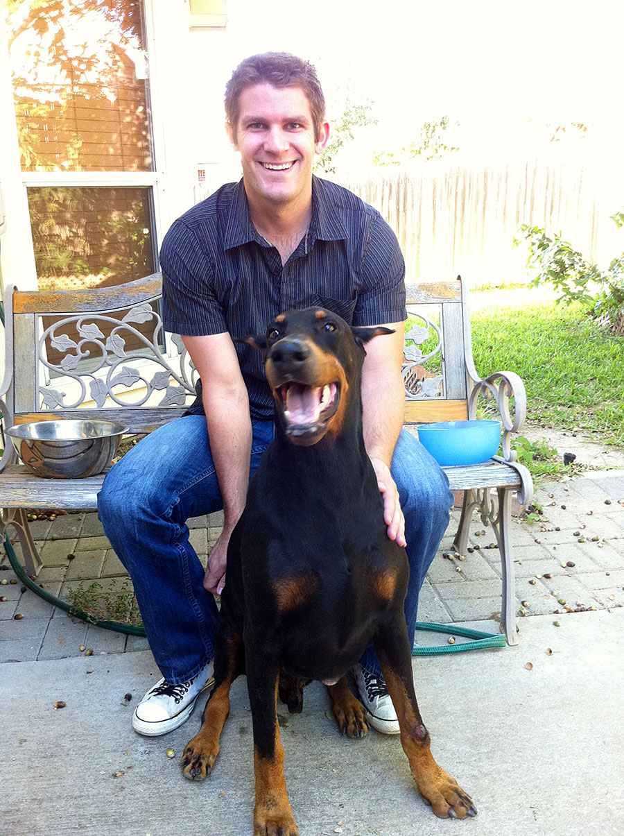 Meet Shah, Fred Sassani's dog. The biggest, scariest, nicest Doberman in Austin Texas. He does lots of circles. And is awesome.