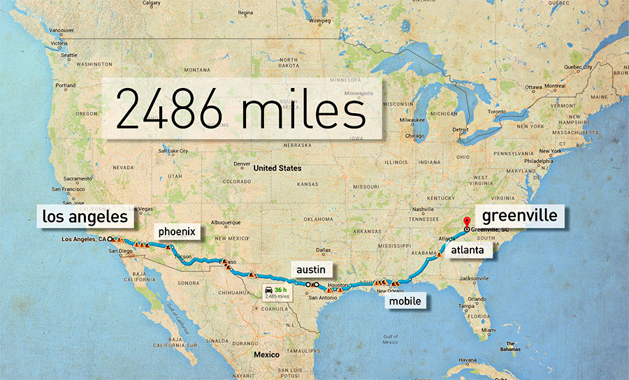 Mapped out and ready to go. Phoenix, Austin, Mobile, and Atlanta would be my pit stops along the way.
