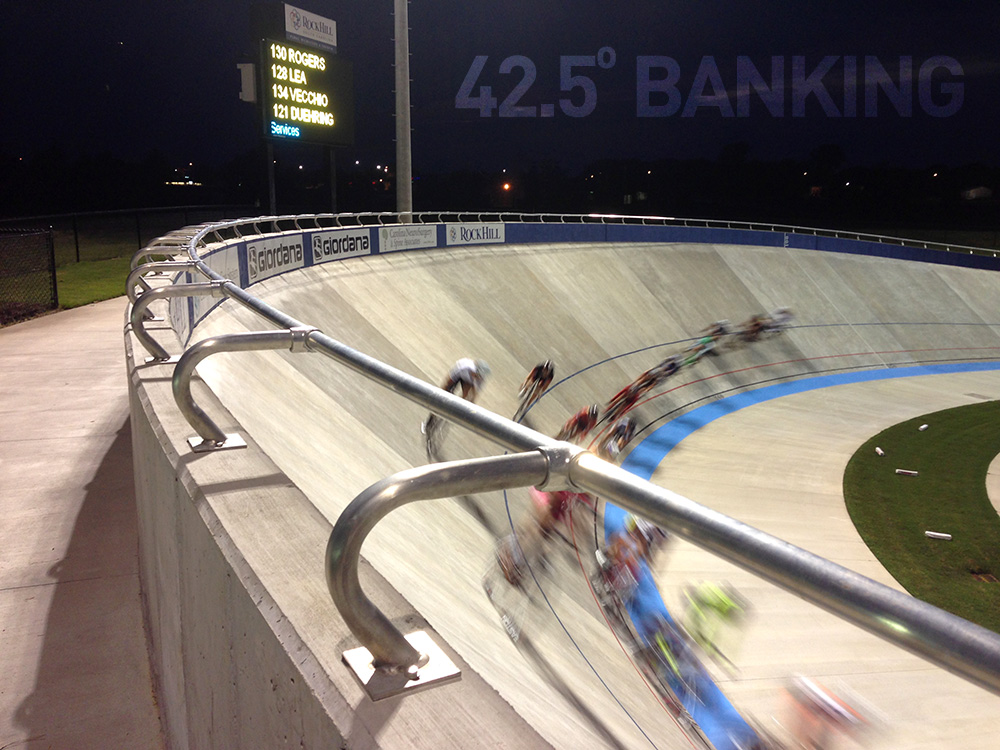 The velodrome's banking is 42.5 degrees to keep the speed up around a short 250m track.